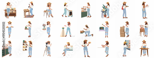 Lifestyle illustrations of a woman engaging with baked goods, managing a small business, enjoying cafe moments, and documenting her passion for food and baking.