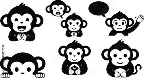 Cute vector monkey icons set close up smiling waving holding hands peeking over edge speech bubble multiple expressions flat black and white graphic direct eye contact