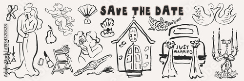 Romantic wedding ceremony icons and floral elements for marriage celebration branding