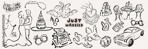 Marriage celebration lifestyle doodles and love story symbols for wedding decor