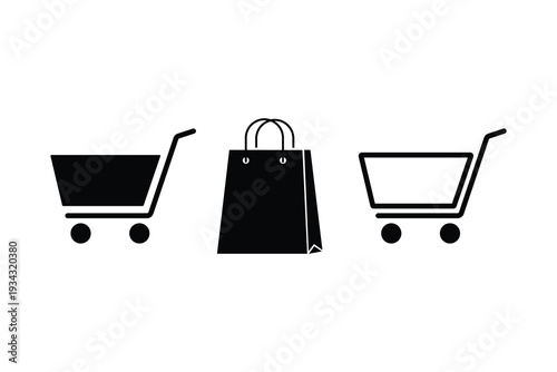 Three different types of shopping carts and a shopping bag Vector