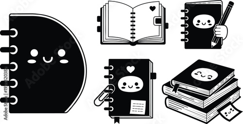 Flat kawaii vector icon set of black and white spiral notebooks showing open book stack and hand holding pencil front view close up with smiling faces