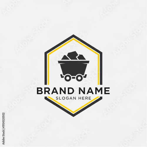 Mining Industry Logo Template with Coal Cart and Hexagonal Frame.