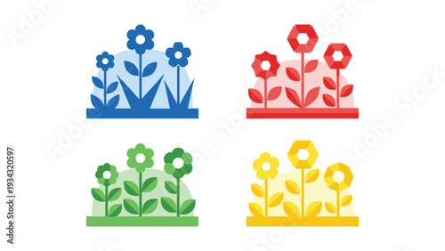 Colorful floral arrangements on different colored bases