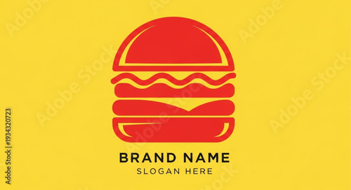 Red Burger Logo Template on Yellow Background for Fast Food Brand.