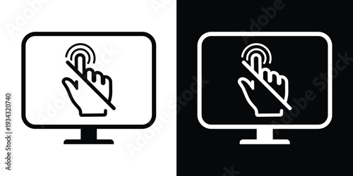 Monitor icon with a hand gesture crossed out by a diagonal line. Vector graphic representing "no touch," disabled interaction, or restricted access on a computer screen interface.