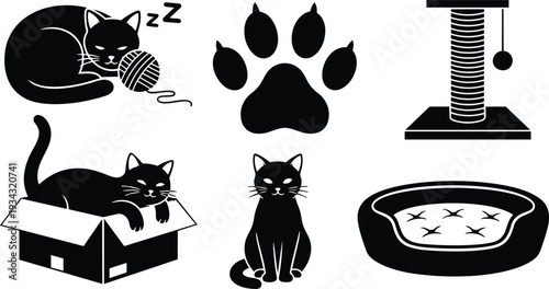 Minimalist black cat icon set showing curled sleeping cat with yarn sleeping cat in box sitting cat paw print scratching post and pet bed front view