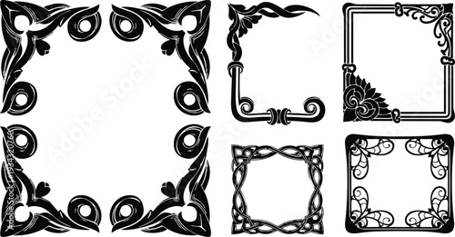 Vintage ornamental corner frames set close up black and white square decorative borders with intricate scrollwork floral knots and bold high contrast flat layout graphic collection