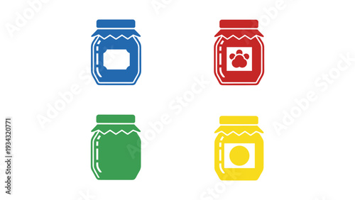 Four colorful jars with different labels and lids displayed in a grid format