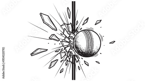 Cricket ball breaking through glass wall in dramatic monochrome illustration for sports branding