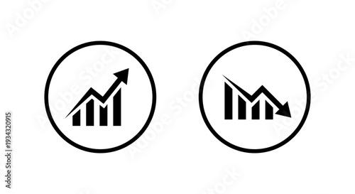 Uptrend and downtrend graph icon in circular outline. Growth and drop chart symbol. Market movement sign