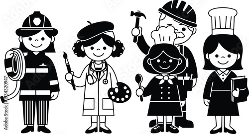 Playful black and white flat illustration close up five children dressed as firefighter artist doctor chef builder holding tools smiling looking at camera friendly studio pose