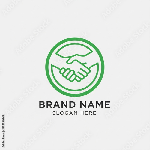 Green Handshake Logo Template with Brand Name and Slogan Placeholder.