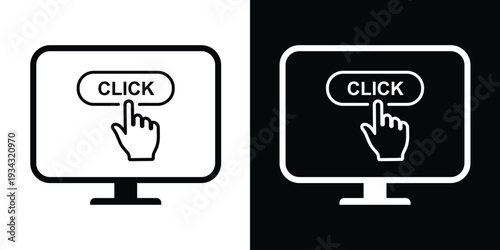 Computer screen icon featuring a hand cursor selecting a "CLICK" button. Flat vector design representing call-to-action, website interaction, and digital marketing concepts.