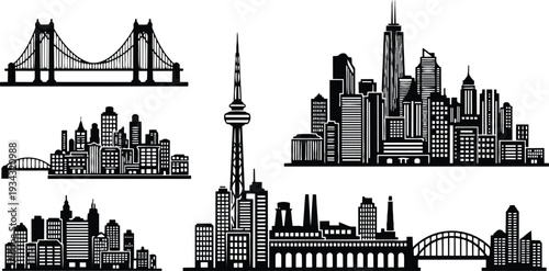 Vector silhouette city skyline collage with close up bridge tower and waterfront panorama showing skyscrapers in black minimal graphic style with strong contrast and flat composition