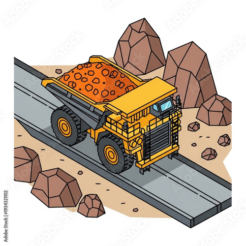 Yellow mining dump truck on railway tracks with rocks.