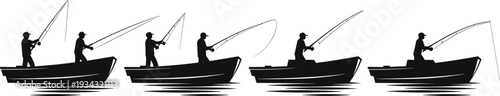 Fisherman silhouettes set fishing from a boat with rods and reels for outdoor adventure hobby summer activity catch concept on isolated white background.