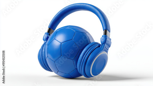 Bright blue soccer ball listening to music with headphones isolated on white background showing fun emotional expression for sport fan and player