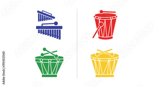 Colorful musical instruments including marimba, snare drum, bass drum, and tambourine