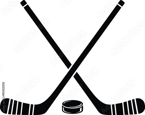 Ice hockey crossed sticks and puck vector silhouette for winter sports equipment team league logo and athletic competition game element isolated on white background.