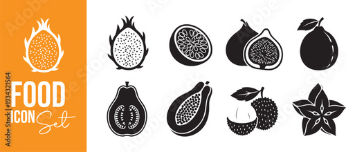 Exotic Tropical Fruit Silhouette Icon Set for Food Menu Branding