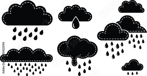 Stitched cloud icon close up multiple black rain clouds with varied droplet shapes on white background flat vector minimal design isolated high contrast outline stitch grouped