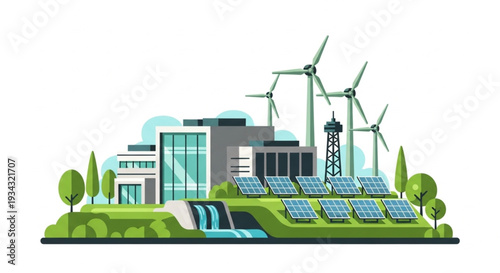 Modern Green Energy Power Plant with Wind Turbines and Solar Panels.
