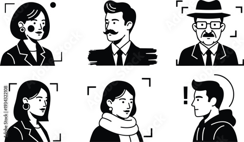 Minimal black and white avatar portraits grid six faces profile and front view man with mustache hat woman with scarf looking at camera closeup studio illustration