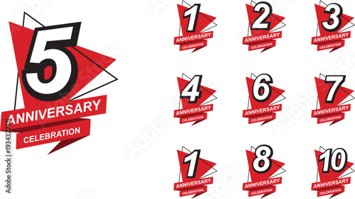 Set of 1st to 10th anniversary celebration emblems. Isolated black anniversary logo with red ribbon and triangle on a white background. Vector illustration template design.