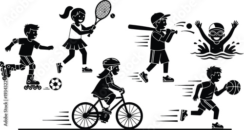 Playful silhouette sports kids in action close up girl cycling boy running boy skating girl playing tennis boy hitting baseball boy dribbling basketball energetic black white