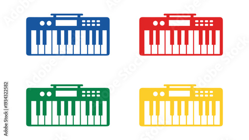 Four colorful electronic keyboard instruments displayed in a grid layout.