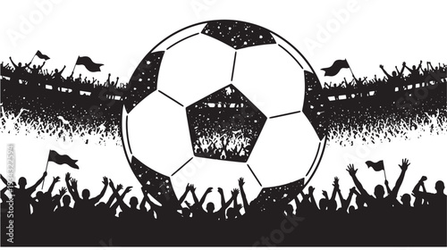 Soccer ball silhouette cheering crowd black and white stadium excitement for sports marketing