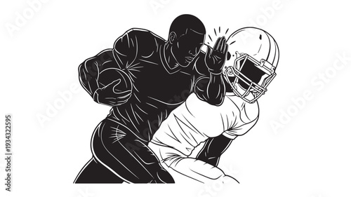 American football players tackling in black and white line art for sports editorial