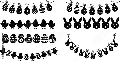 Playful easter garland close up showing hanging decorated eggs bunny faces and chick silhouettes in black vector style on white background landscape orientation with festive spring