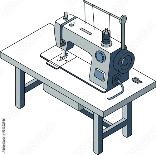 3D isometric illustration of industrial sewing machine with thread spool on table, textile production equipment isolated on white background