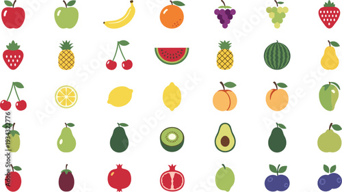 Colorful illustrations of various fresh fruits on white background