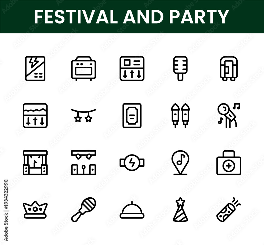 Fototapeta premium Festival and Party icon set. Festival and Party clean professional icons covering gift box greeting card celebration banner and holiday themes.
