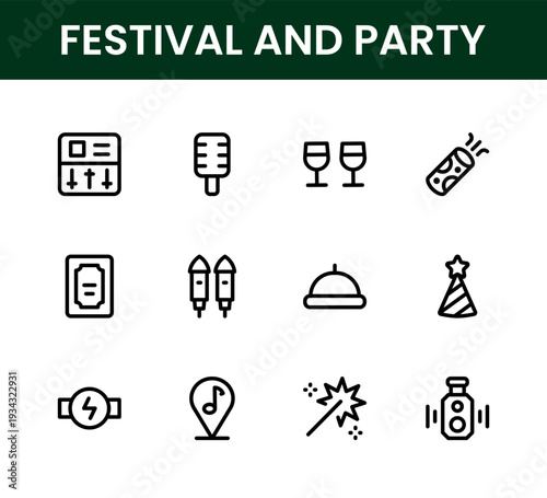 Festival and Party icon set. Festival and Party simple outline icons highlighting joyful gathering birthday event and festive tradition.