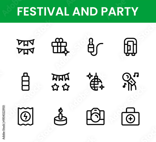 Festival and Party icon set. Festival and Party minimal outline icons illustrating champagne glass party popper balloon and celebration cake.