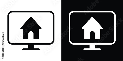 Computer monitor icon with a house symbol. Represents homepage, real estate online, or smart home control. Minimalist black and white vector set for web design.