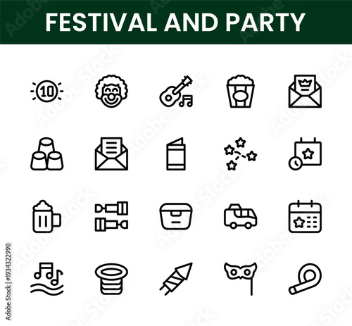 Festival and Party icon set. Festival and Party modern celebration icons for dance music lights fireworks and joyful entertainment.