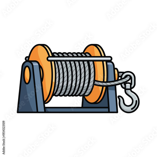 A winch with a rope and hook is illustrated in a simple graphic style on a neutral background