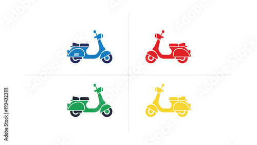 Colorful collection of four stylized scooters in vibrant hues