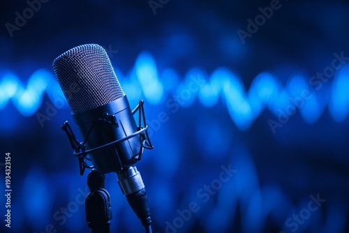 Microphone with blue waveform on background for broadcasting and podcasting events and activities