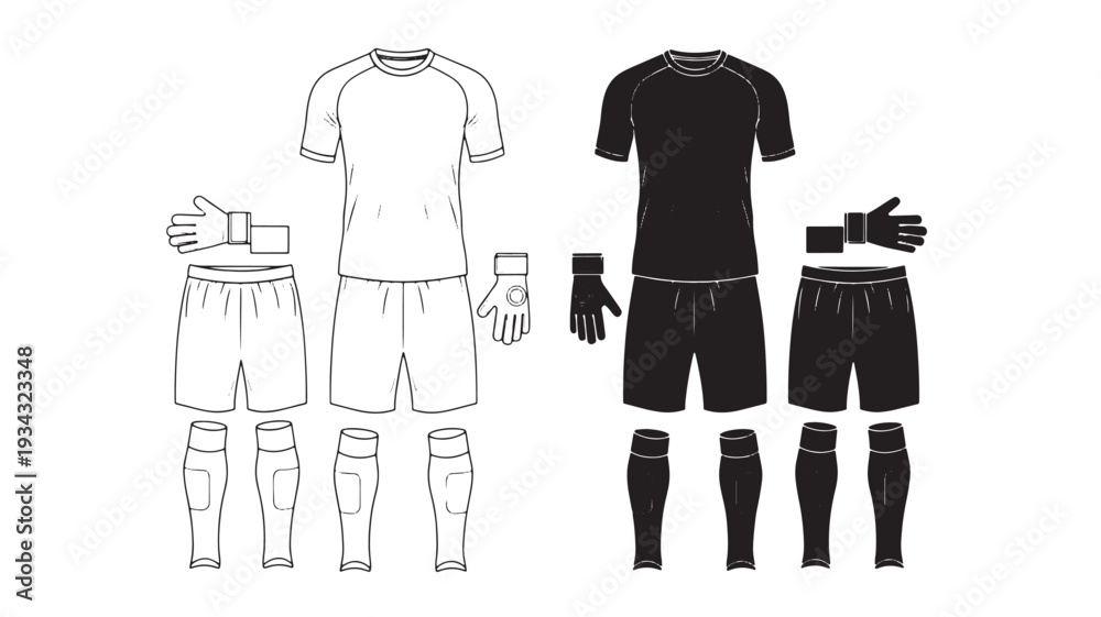 Naklejka premium Soccer uniform set in black and white line art for sports equipment catalog