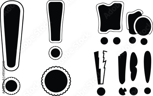 Vector close up assorted exclamation mark sticker set with black silhouettes and outlined badges on white background flat minimal layout high contrast graphic studio isolated composition