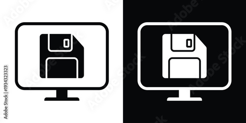 Computer display icon with a floppy disk save symbol. Represents data storage, file saving, and software backup. Classic tech icon in modern minimalist style.