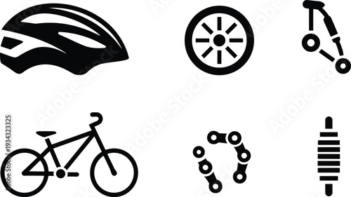Black and white minimalist bicycle icons set, cycling equipment helmet wheel chain shock suspension vector illustration isolated on gray background