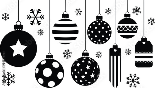 Monochrome christmas ornaments hanging close up with star stripe dot and scallop patterns on white background with scattered snowflakes minimalist composition bold simple black and white