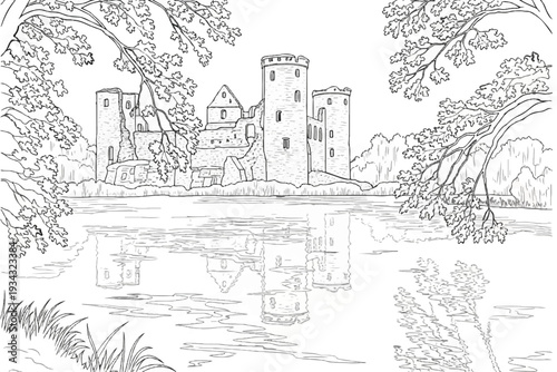 Ruined castle reflected in calm water, framed by leafy trees